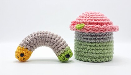 Obraz premium Handcrafted Yarn Mushroom and Worm on White Surface for Crafting
