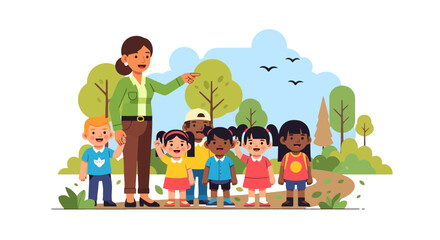 Fototapeta premium A Teacher Leading Children Through a Park, Representing Learning and Exploration