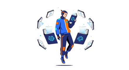 Obraz premium A Futuristic Youth Engaged in Study and Knowledge surrounded by digital elements