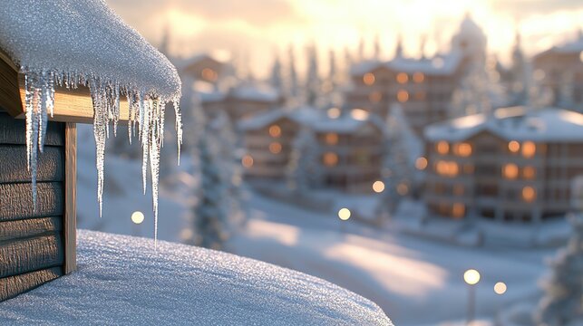 A cozy black house displays icicles and fresh snow on a bright winter day in a charming ski resort community surrounded by trees - Powered by Adobe