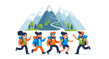 Fototapeta premium Adventurous Group Of Hikers Journeying Up The Mountain Towards Snow Capped Peaks