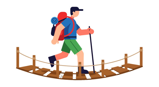 Adventurer Traversing Suspended Structure Vector Illustration On Black Background