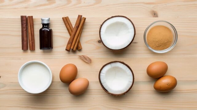 Coconut cinnamon milk egg vanilla spice coquito blend on wood table, festive ingredients arranged, creamy bowl evokes cozy holiday cheer