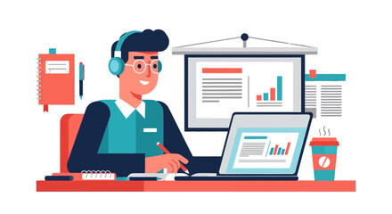 Analyst Working On Business Data And Statistics With Presentation And Coffee