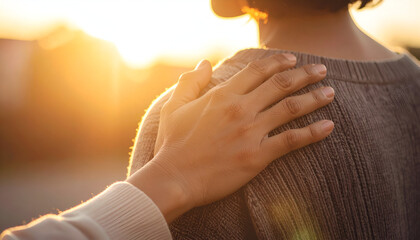 Cropped shot showing a friend’s hand resting on another person’s shoulder, expressing empathy and encouragement, natural daylight, shallow depth of field