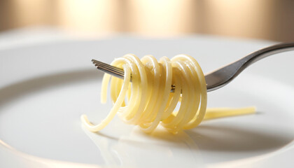 A fork with a piece of spaghetti on it. The spaghetti is yellow and has a spiral shape