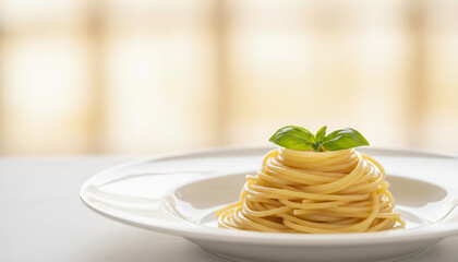 A plate of spaghetti with a green leaf on top. The plate is white and the spaghetti is yellow