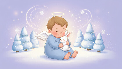 A young boy is holding a rabbit in his arms. The scene is set in a snowy forest with trees in the background. The boy appears to be in a peaceful and calm mood