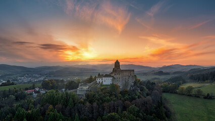 Stara Lubovna Castle at sunset in autumn