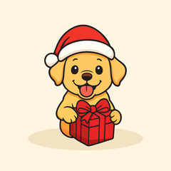 Festive Illustration of a Labrador Retriever Puppy Wearing a Santa Hat - Christmas