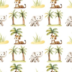 Kids Seamless Pattern with Palm Trees, Elephants, and Tigers on a White Background