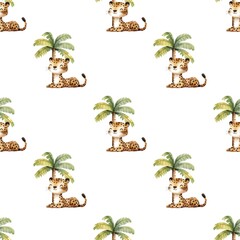 Kids Seamless Pattern with Cheetahs and Palm Trees on White Background