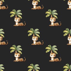 Kids Seamless Pattern with Cheetahs and Palm Trees on Dark Background
