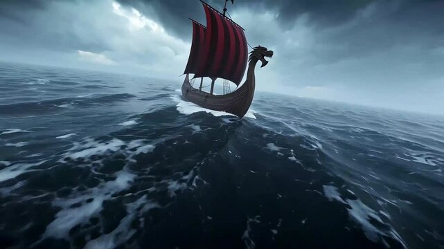 Viking ship sailing stormy ocean