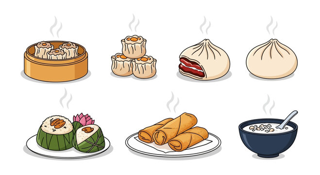 Set of 6, dimsum, hot, Vector art style, Flat design illustration, clean outline, plain white background