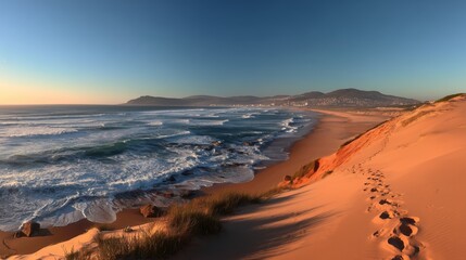Scenic coastal view at sunset with sandy beach and gentle waves in the distance near a vibrant city