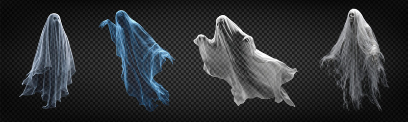 Vector set of ghosts isolated on transparent background. Concept of Happy Halloween holiday.