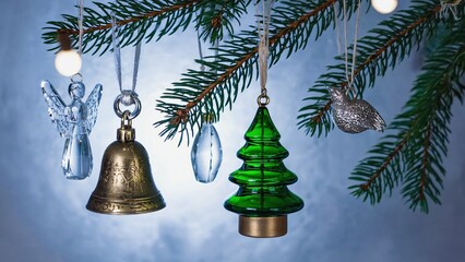 A green Christmas tree ornament hangs from a tree branch. The tree is surrounded by other ornaments, including a bell, angel, and bird. Scene is festive and joyful