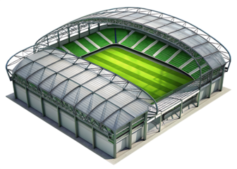 Green tiered seating stadium with striped grass field isolated on a transparent background