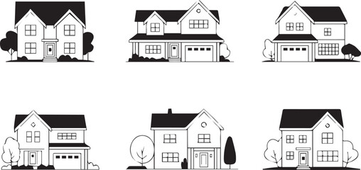 minimalist black and white house illustrations set six residential facades vector icons for architecture projects
