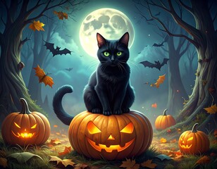 Halloween Witch Cat with Pumpkins and Bats