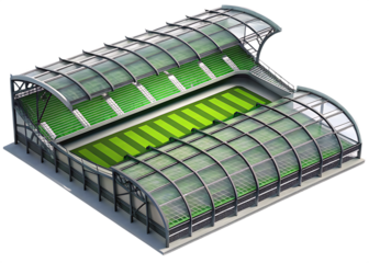 Green tiered stadium seating with striped grass field isolated on a transparent background