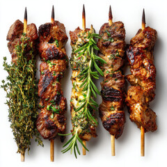 Gegrillte Fleischspieße auf Holzspießen, isoliert auf weißem Hintergrund