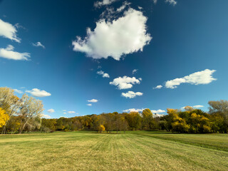 Wide Open Field Autumn Trees Blue Sky Clouds