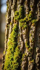 Obraz premium Tree bark covered with green moss in natural forest setting 