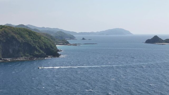 長崎県長崎市、五島灘の風景を空撮しました。遠くに軍艦島が見えます。
