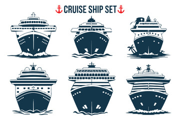 cruise ship front views pack graphic liner silhouettes ocean travel icons tropical island vector set © AIcon Star