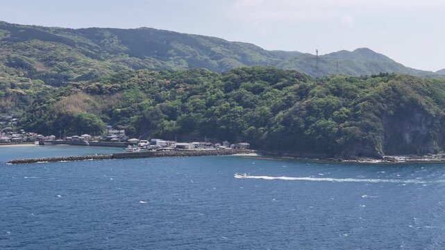 長崎県長崎市、五島灘の風景を空撮しました。遠くに軍艦島が見えます。