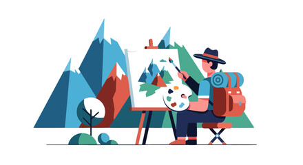 Obraz premium Artist Painting Mountain Landscape: Creative Exploration in a Serene Nature Scene