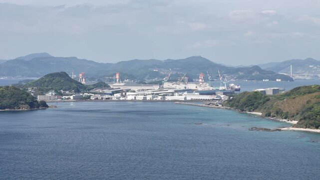 長崎県長崎市、五島灘の風景を空撮しました。遠くに軍艦島が見えます。