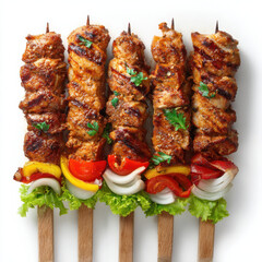 Gegrillte Fleischspieße auf Holzspießen in Draufsicht, isoliert auf weißem Hintergrund