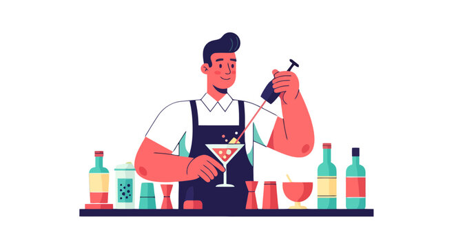 Bartender Crafting a Vibrant Cocktail in Stylized Illustration on Black Background