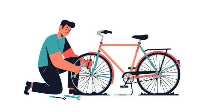 Bicycle Repair Illustration: A Mechanic Fixing a Flat Tire for Bicycle Maintenance - Powered by Adobe
