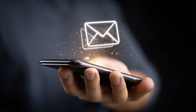 New Email Notification On Smartphone Displaying A Message For Sending Information. Business Communication Via Smart Sms Mail For Marketing And Social Media Contact Newsletter.