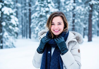 Canadian woman in winter snow. Cozy outdoor lifestyle portrait.