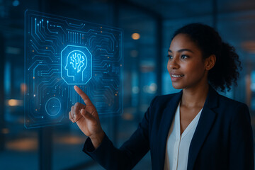 Businesswoman Interacting with Futuristic AI Interface and Digital Brain Hologram