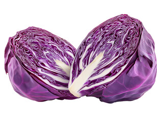 cabbage, red cabbage cut in half and sliced, isolated on a white background**a pink dragon fruit, cut in half and displayed on the right side of an isolated white background, is depicted with