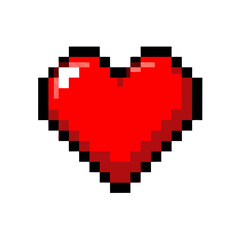 Obraz premium Pixelated Red Heart Icon with Black Outlines, Digital Game Element.
