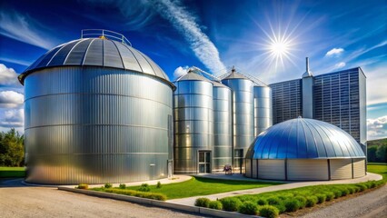 Modern Agricultural Facility with Silos and Biogas Digester under a Bright Sunny Sky
