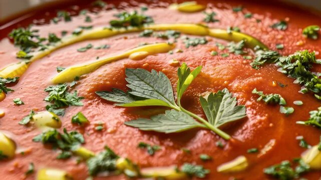 Chilled gazpacho soup vibrant summer bowl tomato puree parsley herb garnish olive oil swirl rustic texture appetizing smooth cool natural light