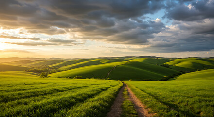 Obraz premium Golden hour sunlight illuminates rolling green hills and a winding path