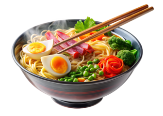 A steaming colorful design bowl of ramen noodles with various toppings, being lifted by a pair of chopsticks on Transparent Background