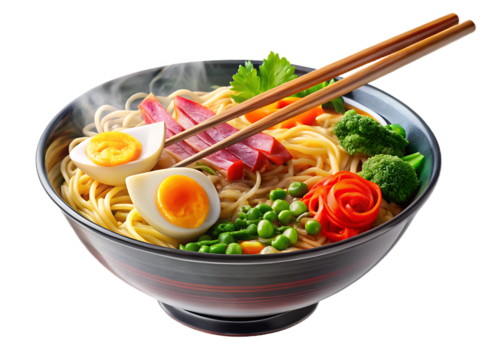A steaming colorful design bowl of ramen noodles with various toppings, being lifted by a pair of chopsticks on Transparent Background