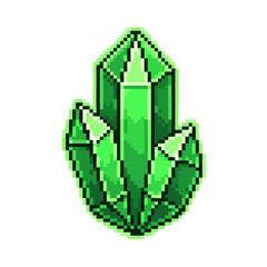 Retro video game sprite of a magical green crystal cluster with faceted surfaces.