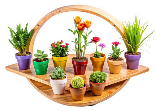 Crescent-style bamboo board decorated cute mini colorful flower pots and a cute showpiece transparent background