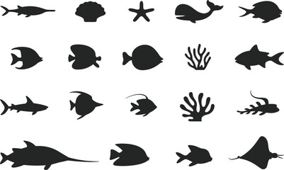Sea creature silhouette, marine life, ocean animal, aquatic vector, black graphic, underwater icon, biodiversity design, nature shape, fish, shellSea creature silhouette, marine life, 